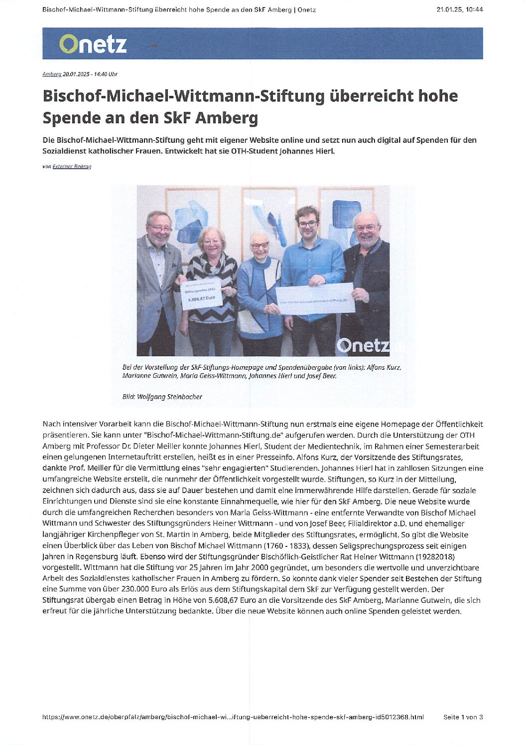 Bischof-Michael-Wittmann-Stiftung überreicht hohe Spende an SkF und stellt eigene Homepage vor